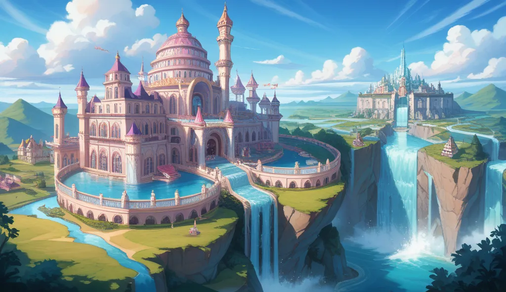 This work will capture the spiritual beauty and serenity of dreams. The environment is full of complex floating islands, fluffy clouds, A waterfall cascading down from a floating island, and lively,  surreal atmosphere . An atmosphere filled with wonder an...