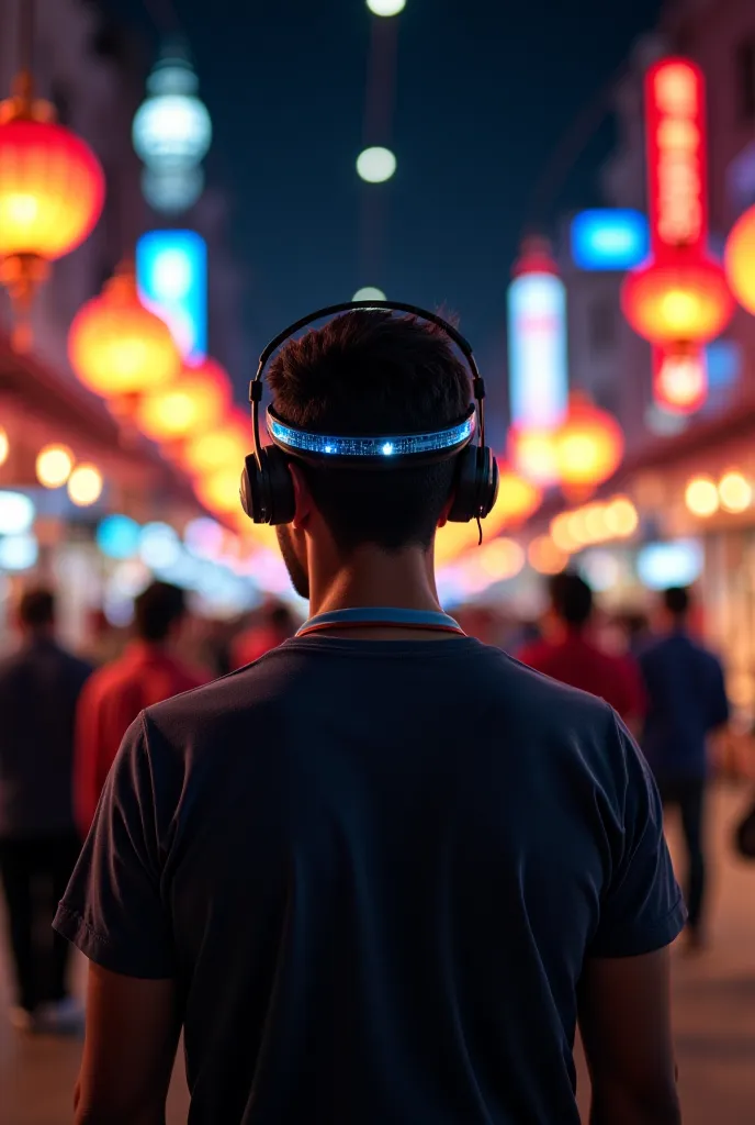 Tech Master in a Ramadan Night Market – A tech expert wearing smart glasses and a futuristic wristband, browsing through a vibrant Ramadan night market filled with glowing lanterns, digital price boards, and people enjoying iftar.