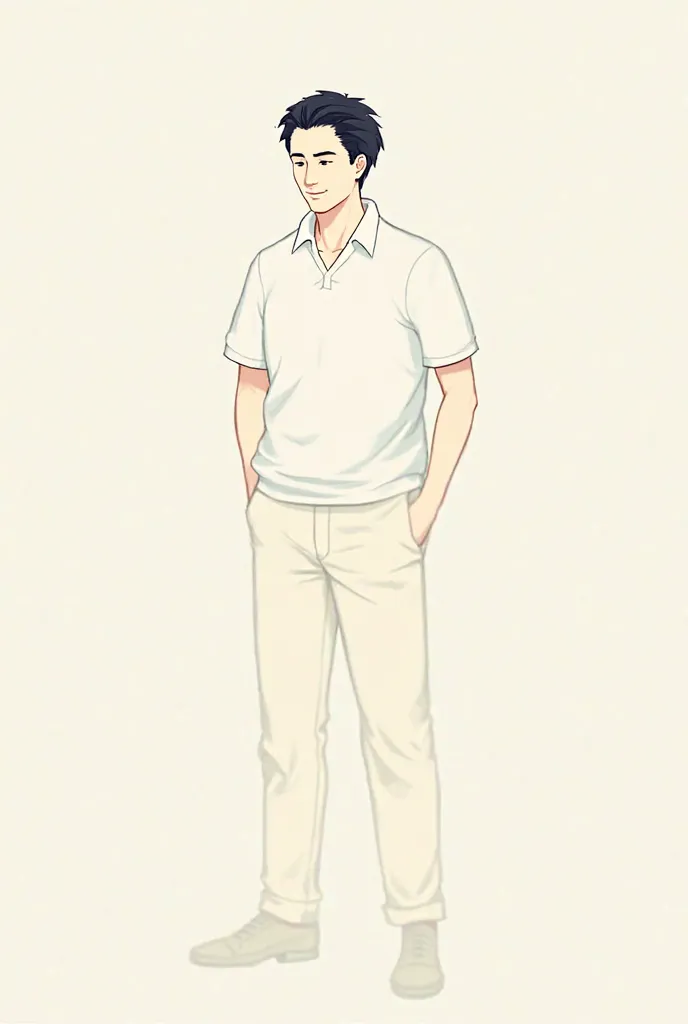  2D Japanese minimal cartoon character, Line Art, of a 30 year old handsome man wearing Polo shirt, khakis, bowing slightly with a warm smile.