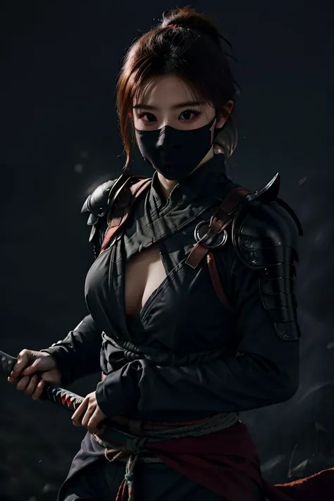 รูปถ่ายสาวNinjaแบบ RAW 8k, best quality, effect Excellent work, , very high resolution, สาวNinja 1คน, sexy, Medium Breasts, Ninja,mask,armor,Ninjaเสื้อผ้า,holding katana sword,dark tone background,among dark clouds,glare,dark, Photo Style ,4K level,HDR,UHD...