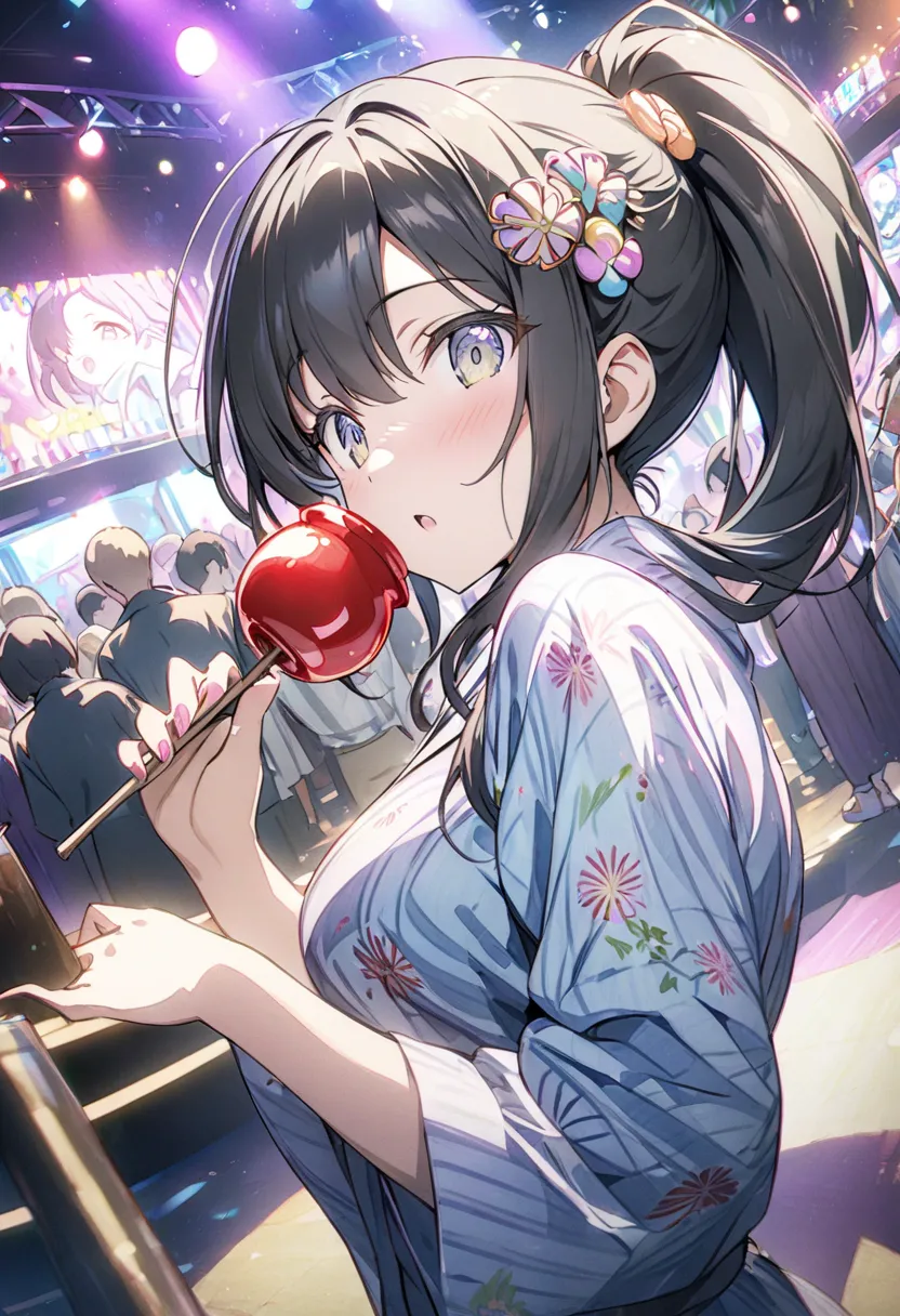 (masterpiece:1.2),(anime),、girl、cute、  black hair、ponytail、hair ornament、Girl wearing yukata、(( I have a candy apple in my hand)),Nightclub、festival、summer night、Light Production 、beautiful artwork、Detailed view、Scenes of youth、 Fisheye Lenses 、close-up