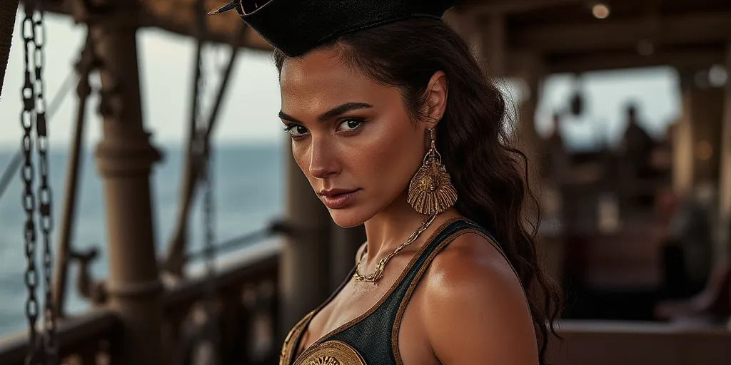 a high quality professional photo of a sexy and antique pirate girl  in a pirate ship cockpit, with pirate hat and with visible breasts, with round earrings, with long hair, With skirthigh detail,