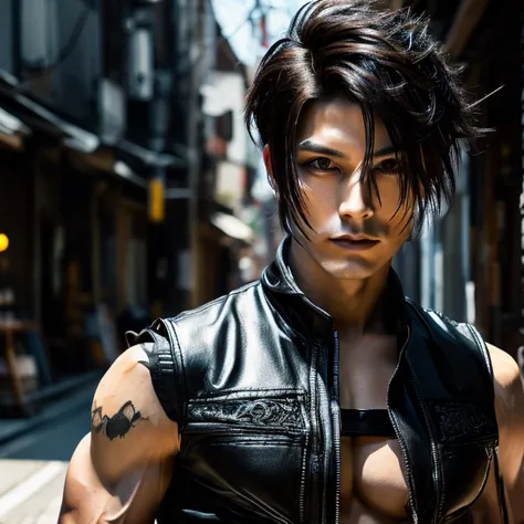 1 Japanese streampunk goth man, Male, Asian eyes,  muscular,  wide shoulders, tattoos, Hairstyle mohawk cut, black men's shirt and black pants, ultra-detailed face and eyes, hyperrealistic, realistic presentation, shoulder length hair, 40 years old, Age 40...