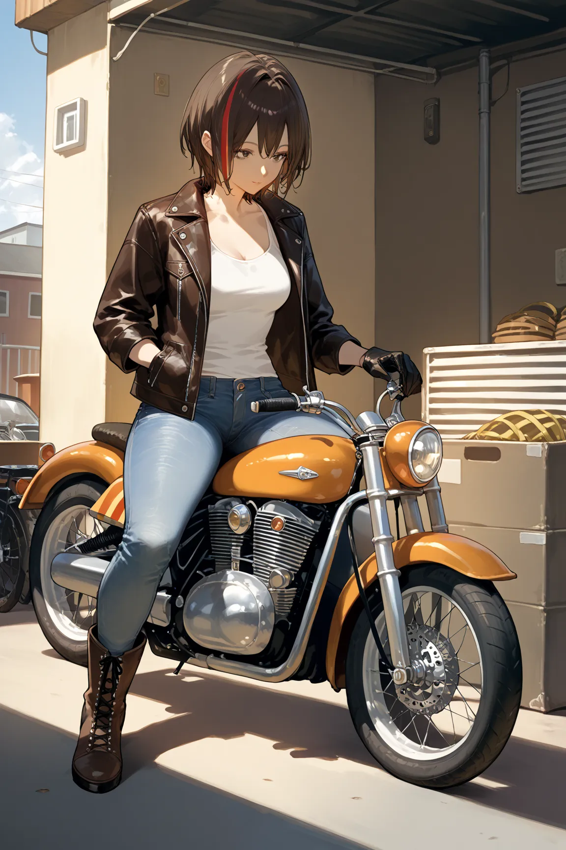 score_9, score_8_up, score_7_up,source_anime,solo,beautiful adult woman,
short_hair, dark_brown_hair, streaked_hair, boyish, denim_jacket, tank_top, straight_jeans, boots, cool, vintage_americana, garage_background, motorcycle, leather_gloves





`


...