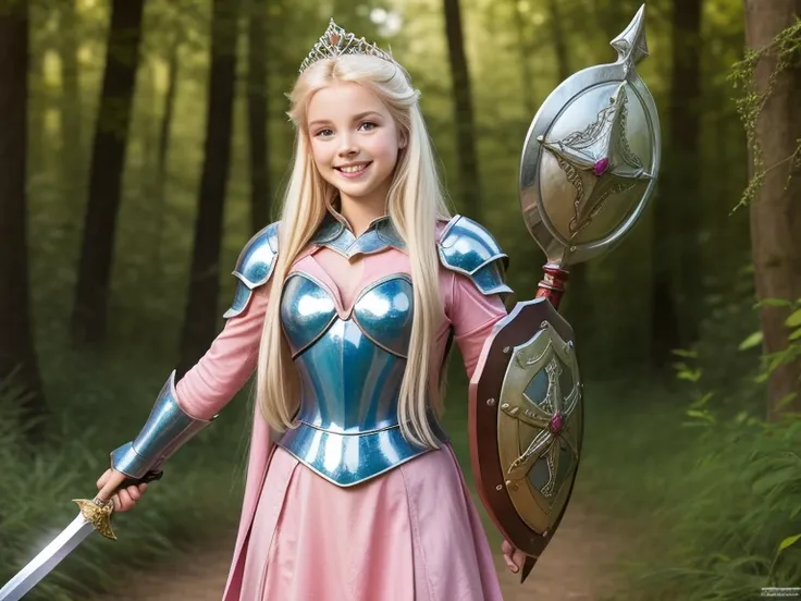 Very pretty Smiling cheerful Princess Aurora from Disney's Sleeping Beauty as a D&D Dungeons and Dragons Paladin knight with very long down loose blonde hair down to her hips wearing blue and pink shiny metallic armour and holding a sword and shield in the...