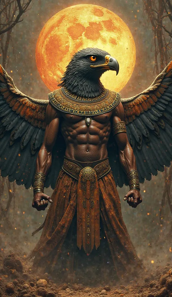 Egyptian God Ra, Goblincore mode,  full body front view, with a falcon &#39; the head 