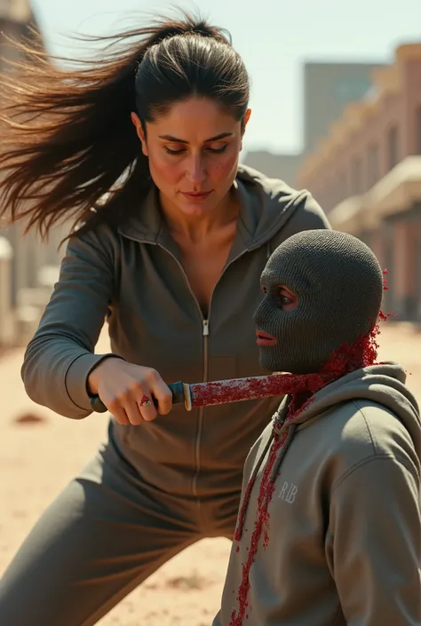 Realistic, A Very beautiful woman, woman very thick hair, boy hoodie, woman kill boy, woman very big breast, woman slaughters boy neck like a lamb, boy neck is flowing with blood, woman knife, boy dead, boy full face mask