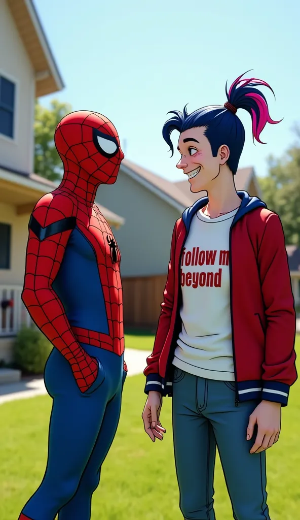 Two famous fictional characters standing in a suburban neighborhood.  On the left , seorang karakter Spiderman dengan kostum merah and blue bermotif jaring serta topeng yang menutupi seluruh kepalanya, resembles a superhero.  On the right , a pale skinned ...