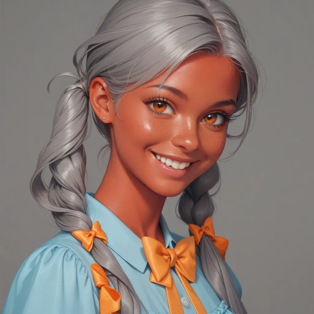 A girl with red skin and gray hair has 2 long pigtails with long hair, orange eye, light blue dress Smiling bow tie