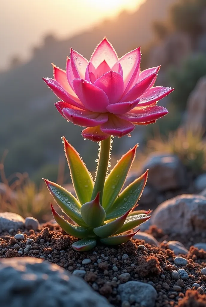 pink succulent beautiful flower, rock, hill, sun light, good lighting, ultra hd, realistic, 8K