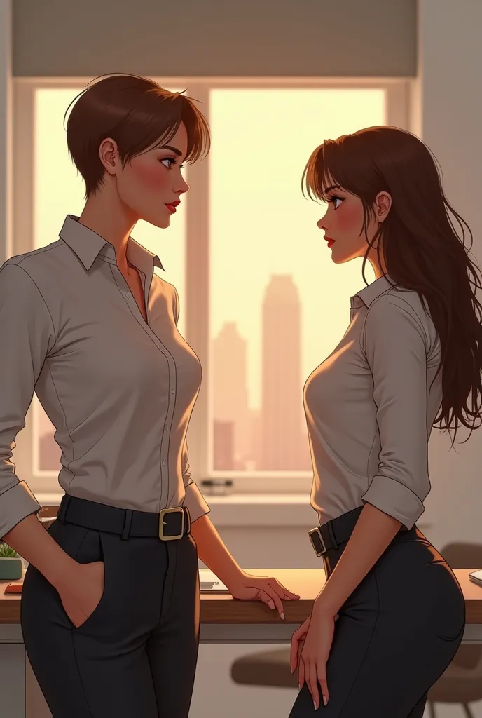 Detailed artstyle image of attractive young lesbian woman wearing office formal skintight shirt tucked in skintight pants and black buckle belt is talking to her wife in room with windows 