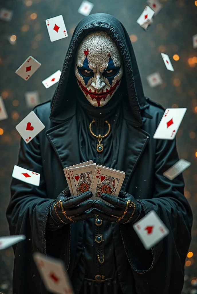  Male,mask ,holding Joker cards,cards around