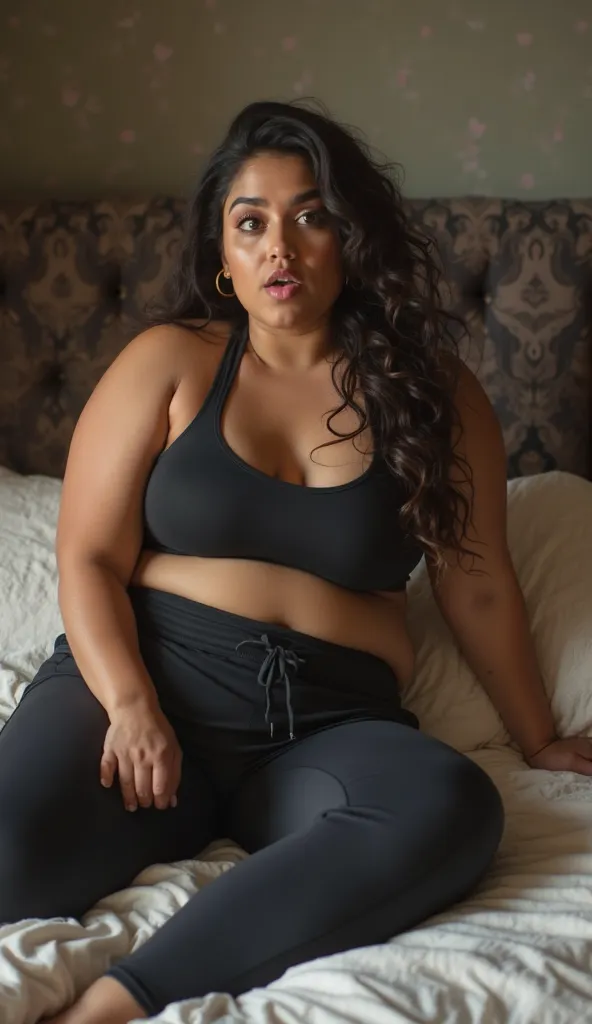 A Indian plus size women wears sports clothing on bed sleep  intimate scenes 8k photo Teeth, Tongue, Tongue Out, Surprised, 