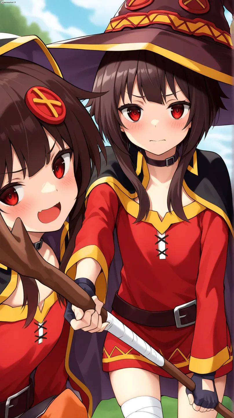 megumin, umber hair, long sideburns, red eyes, red shirt, long sleeve, witch hat, black capelet, fingerless gloves,
