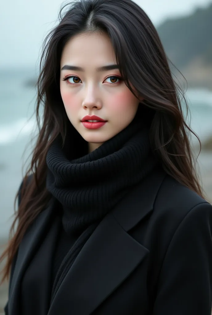 The image features a young Asian woman with long, silky hair, styled elegantly, wearing a chic black blazer buttoned partially. She has a thick black scarf wrapped around her neck, contrasting with her light, rosy lips and fair complexion. The soft, muted ...