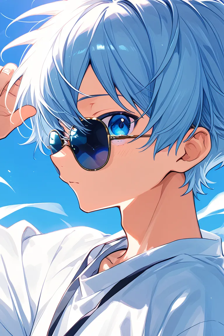  boy、 blue eye、sunglasses、close-up、profile、8k、美 boy、ニヤリと笑う boy、wind、油彩wind