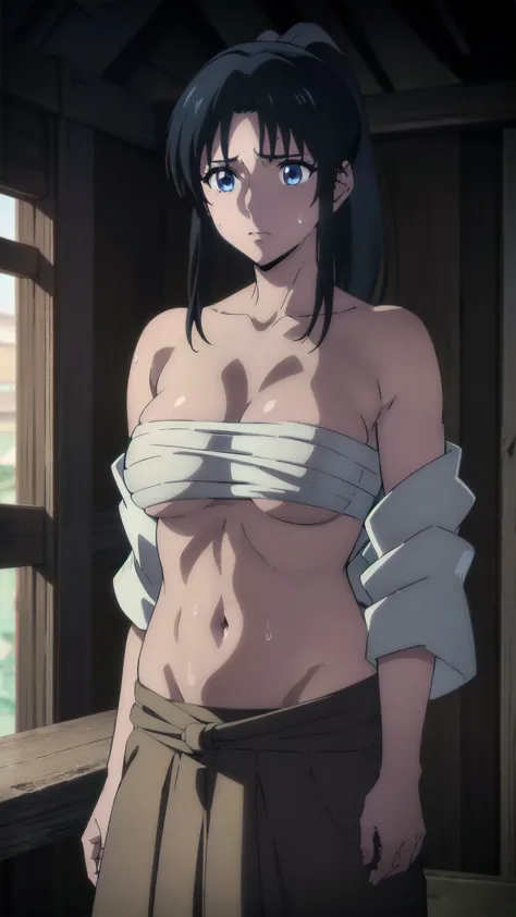 ((((Brown Hakama、Under the arms))))、((( requires viewer attention、Big Breasts、  completely naked、Brown Hakama、belly button、 breasts、 Chest exposed 、 When wet, it becomes transparent 、Protruding has big areolas、 Look Down、sweat、 Arms with areolas that sprea...