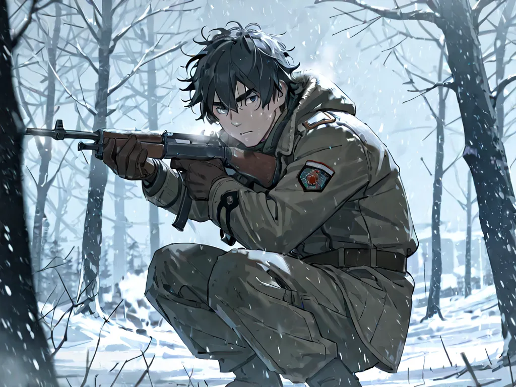 cinematic intense, 1boy, left side pose, messy hair, black hair, thick eyebrows, hair between eyes, military, military jacket, winter coat, holding gun, battle, war, intense, traumatized, winter, crouching, winter storm, snowing, dead tree background