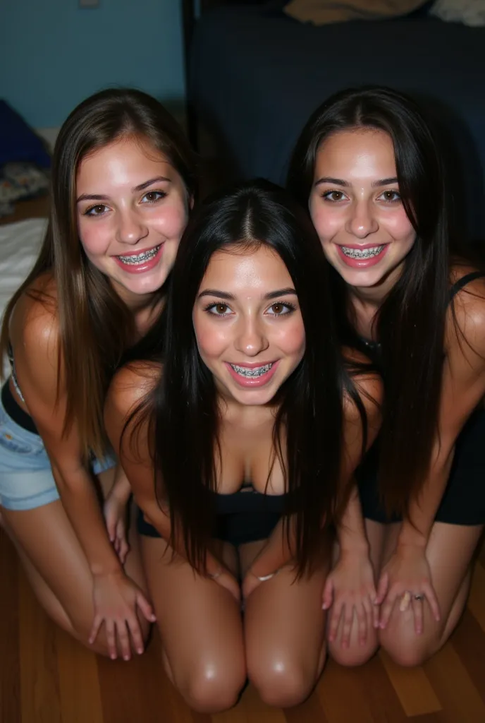 Very realistic photo of 3 very very young girls, ager, age 15, long hair , one on left is asian, one in middle is muslim, one on right is Caucasian, tiny cropped tops and mini skirt ,  kneeling on hardwood floor in a bedroom at night, viewed from above, br...