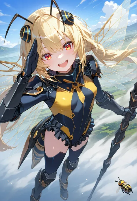 ■構図■view from above,She is positioned in the center of the image,
■背景■The background features a light-blue sky dotted with fluffy white clouds,Battlefield visible in the distance,
■Person■Beautiful Girl Who Cosplay as a Bee,(loli:0.3),salute,
■顔■blonde ...