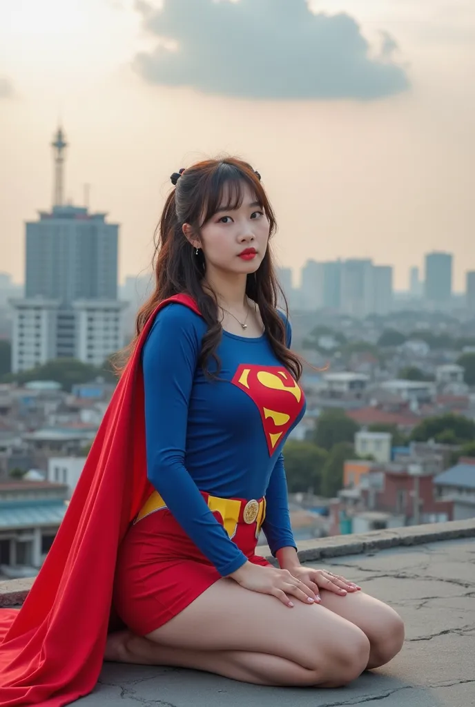 Arafed Asian woman in a Superman costume, urban landscape background, beautiful Korean woman kneeling on a rooftop under a cloud, sexy pose, Korean woman in a Superman costume, Korean woman with pigtails, realistic young Korean woman, Korean model, young p...