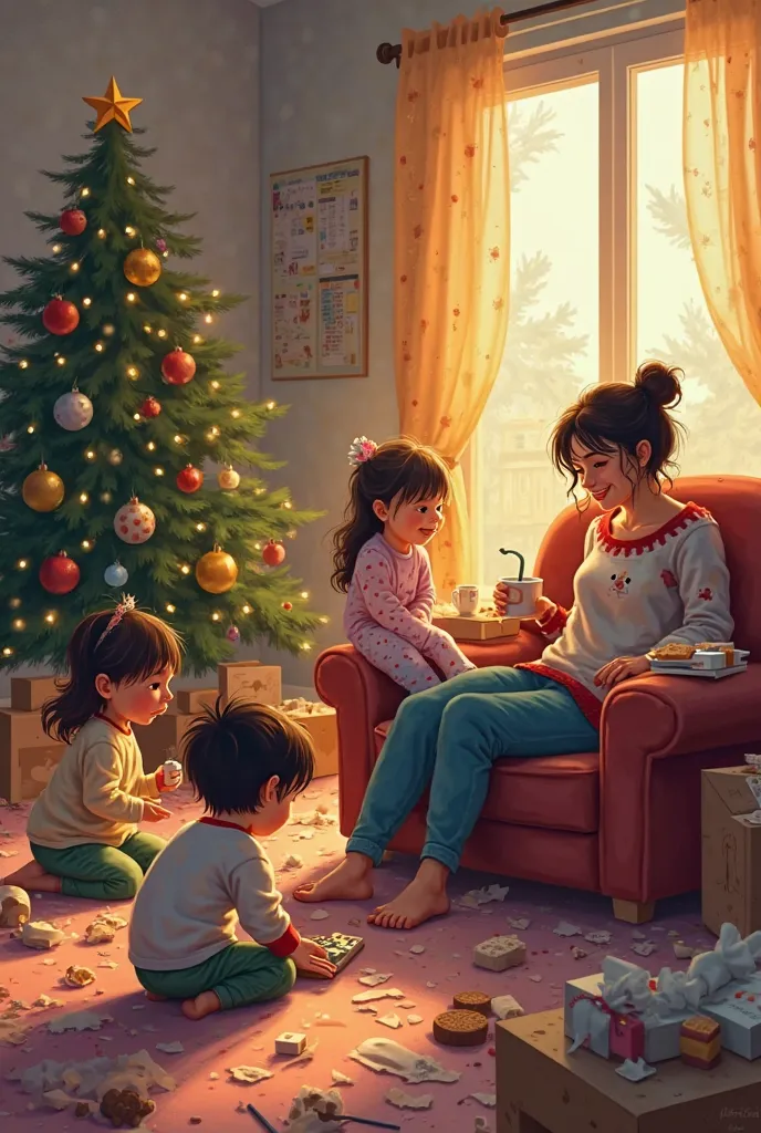 "A cozy yet slightly chaotic post-Christmas morning scene in a warmly lit living room. The Christmas tree stands in the background, slightly askew, with a few fallen ornaments and burnt-out bulbs, symbolizing the holiday aftermath. The room is scattered wi...