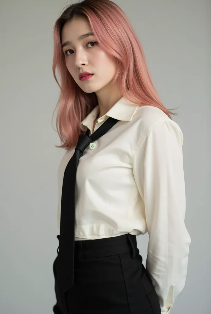 "A female figure with straight, medium-length pinkish-red hair, styled into a loose side braid with detailed individual strands for added texture. A few strands fall naturally around her face, framing her striking golden eyes.

She wears a snug button-up s...