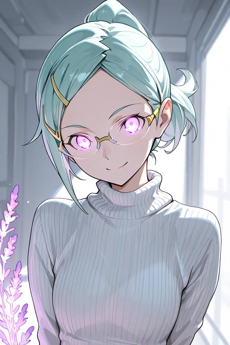 masterpiece, best quality, Eureka from Eureka Seven, white hair, ponytail, wearing a white turtleneck sweater, smiling, wearing white glasses, glowing lavender eyes.