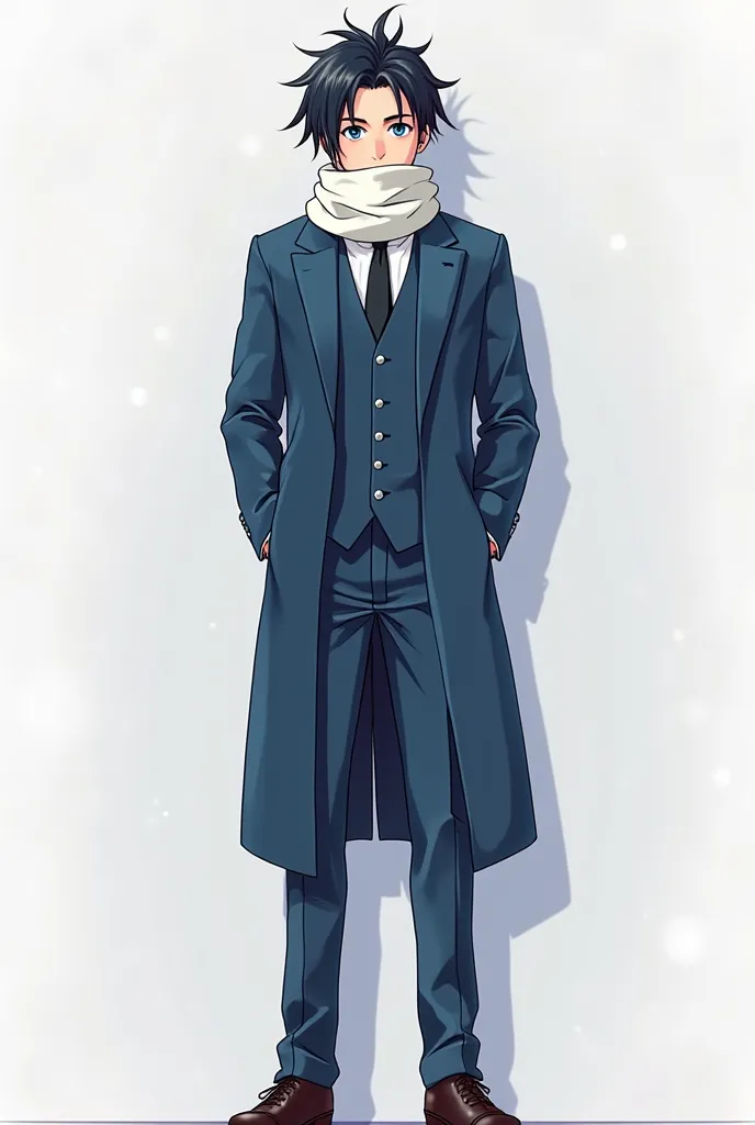 Create a tall handsome asian character with blue american eyes and simple black hair with formal blue coat with blue pants and with shirt and a tie and the coat is buttoned and closed and he has a white cloth like scarf on his face below his eyes and his h...