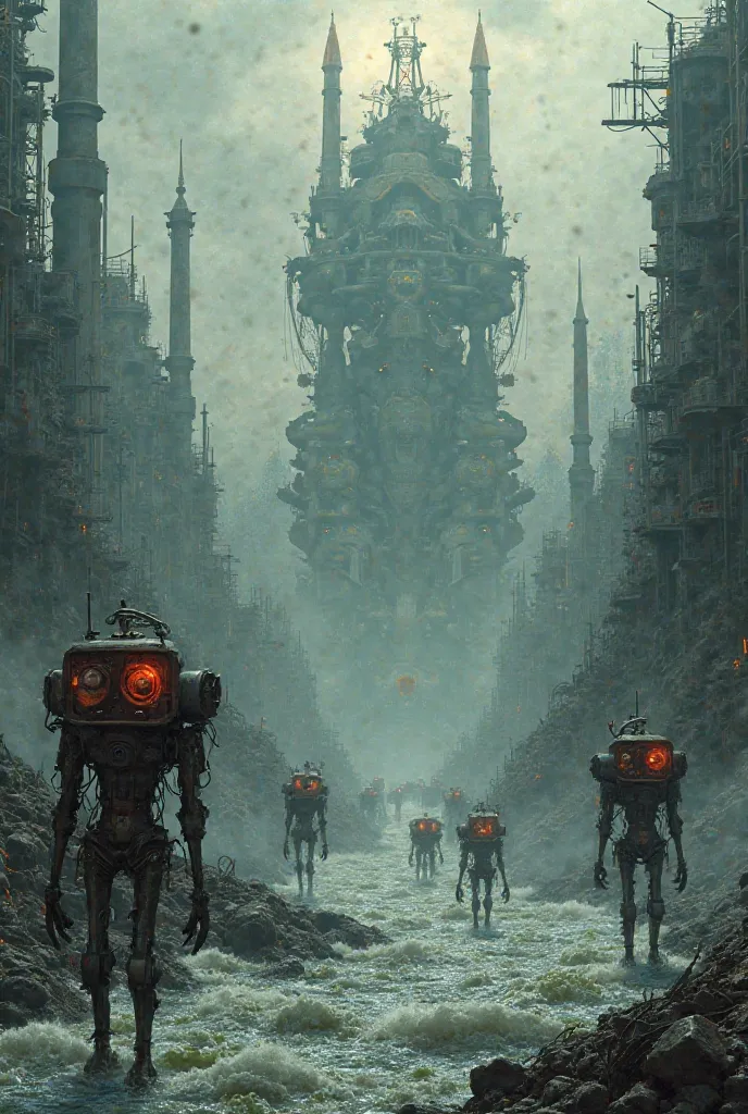 Water river in steampunk hell. Monitor robots. In the back is god tower. Evil god