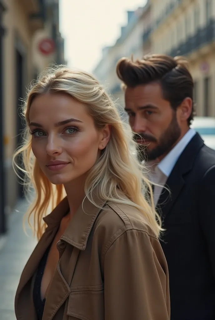 a woman who looks like a celebrity with blond hair and green eyes walking down the street and a man a little further away who is quite chic with dark hair, a beard of a few days and a little light eyes that looks at her from behind 