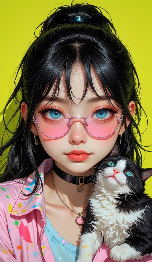 8k, Masterpiece, Top Quality, Close-up, high-angle, large eyes, blue eyes, dark hair, ponytail, pink glasses, round glasses, cute smile, paint-splattered shirt, pink shirt, blue shirt, white shirt, choker necklace, circular pendant, melancholic expression,...