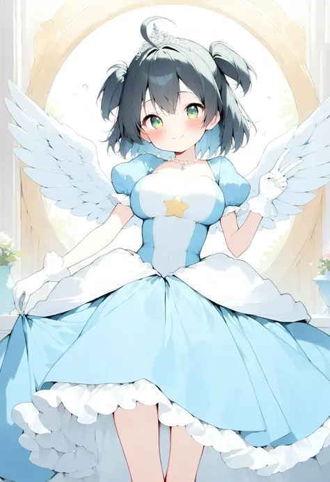 1girl, solo, Jeruru, ahoge, (black hair:1.5), blue hair, two side up, short hair, angel, angel wings, green eyes, fair skin, skinny, slim legs, petite, large breasts, {{{smile}}}, {{{solo}}}, (masterpiece:1.2), (best quality:1.2), (high quality:1.2), (accu...