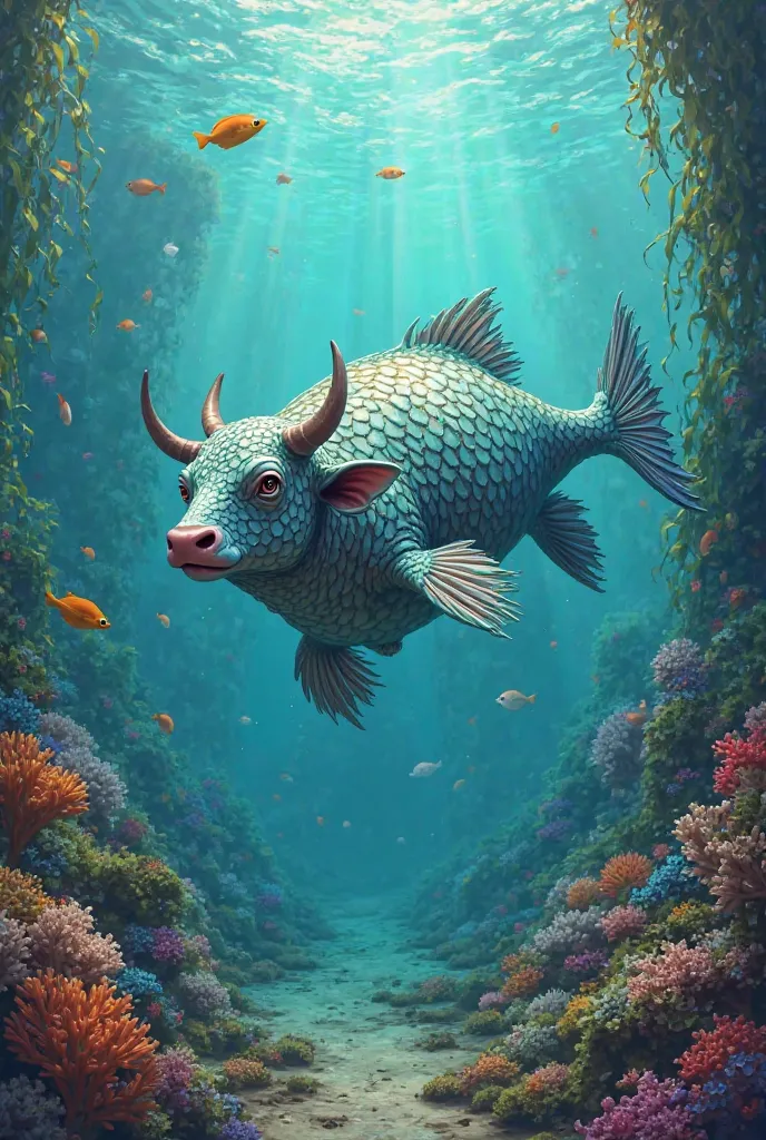 A fish with cow body in water