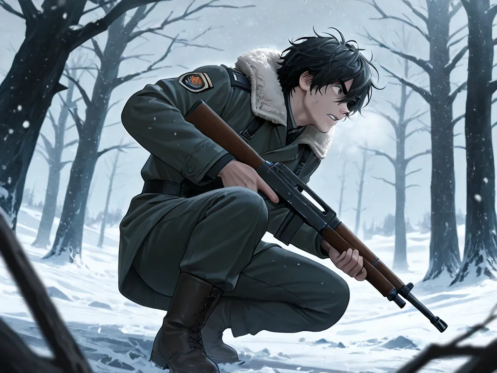 cinematic intense, 1boy, right side pose, messy hair, black hair, thick eyebrows, hair between eyes, military, military jacket, winter coat, holding gun, battle, war, intense, traumatized, winter, crouching, winter storm, snowing, dead tree background