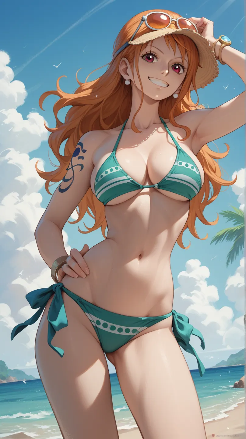 Nami, One Piece, Bikini, smiling, sun