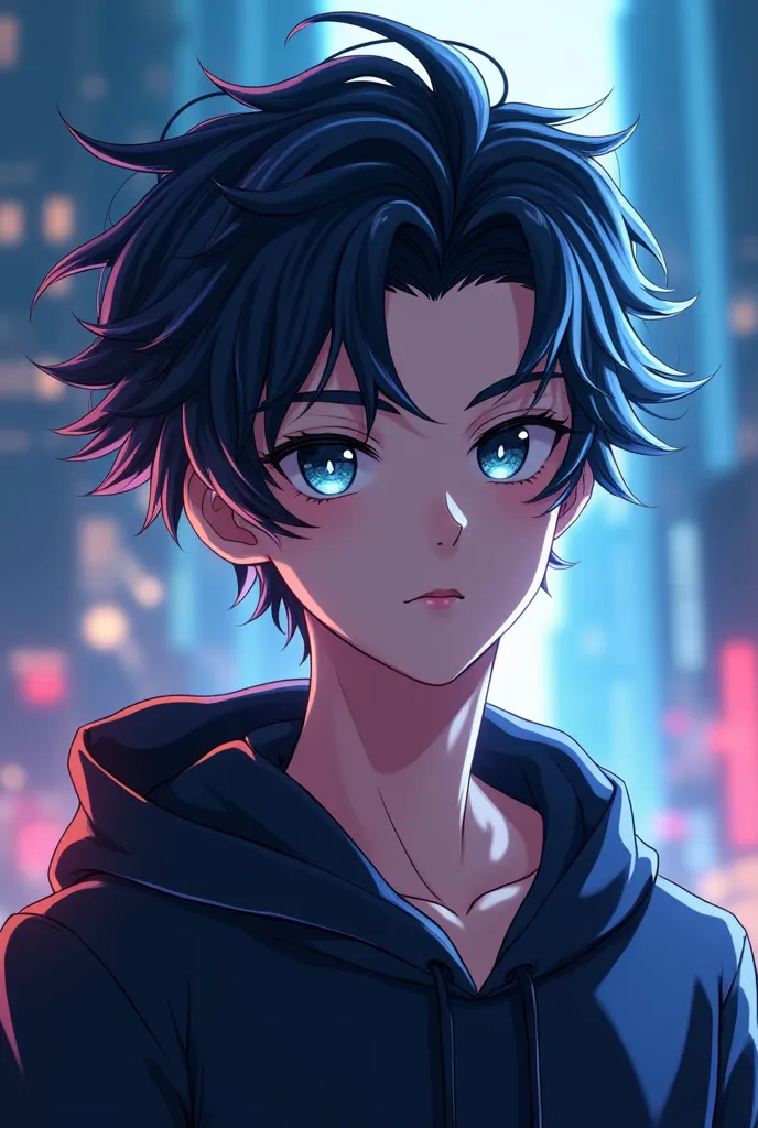 As an animated illustration, a young man in his 20s, with a focus on his upper body, is about 180 tall, his hair is a mixture of black, white, and blue. His eyes are white, and black is blue