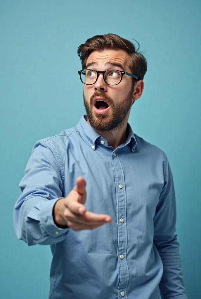 Prompt:
"A young man with an expression of surprise on his face, pointing to the right. He is wearing a blue shirt, and the background is also blue. He has round glasses, neatly styled hair, and a beard. The lighting is natural and well-balanced, and the i...