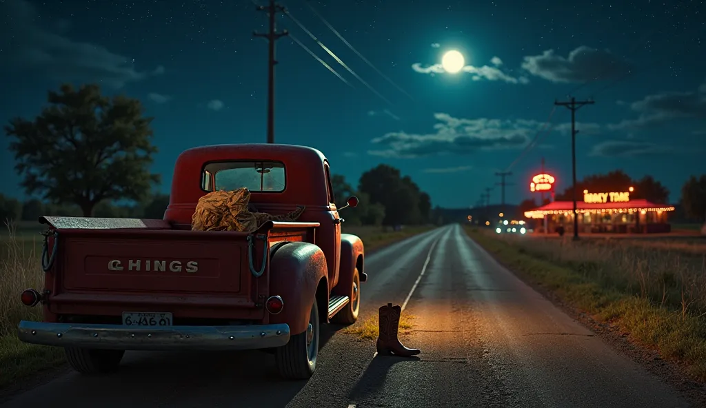 Create a hyper-realistic, 8K resolution photo of a quiet, moonlit country road with a vintage pickup truck parked on the side, its headlights softly illuminating the path. In the truck bed, place a guitar and a crumpled love letter, while a pair of cowboy ...