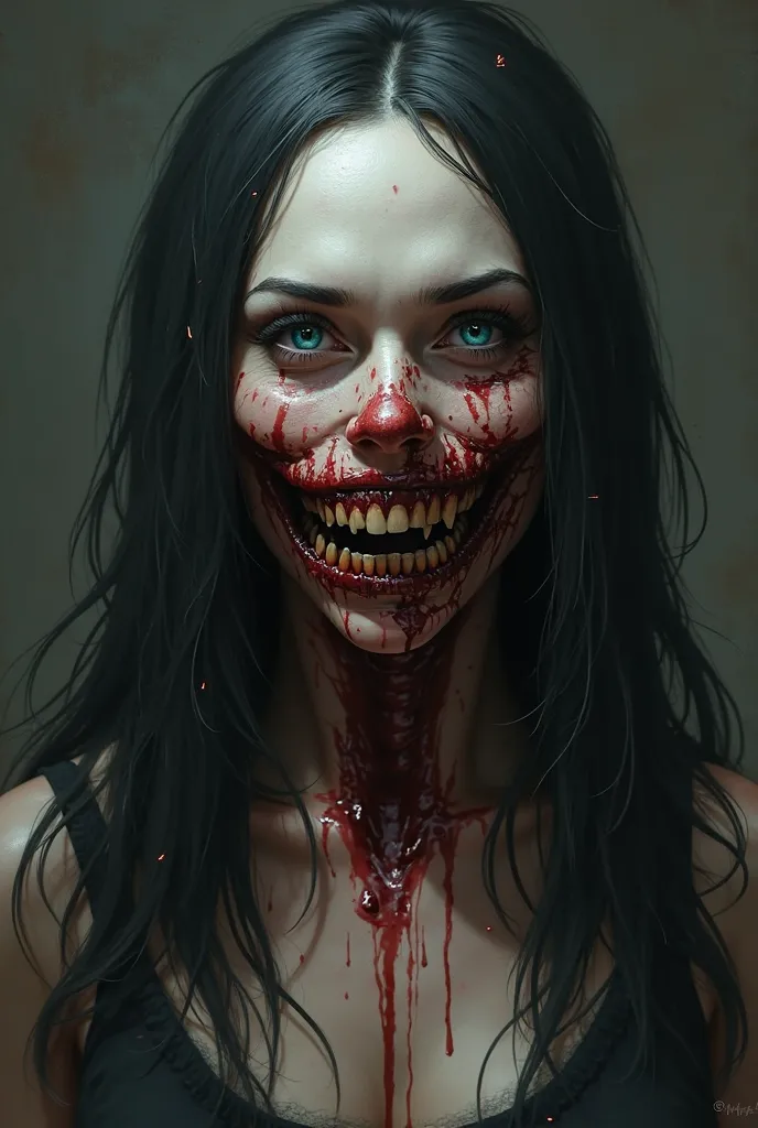 This is a hyper-realistic digital painting depicting a grotesque, horror-themed female figure with pale skin and long black hair. Her face is severely distorted with gaping, jagged teeth and exposed sinew, resembling a skull. Red, dripping liquid covers he...