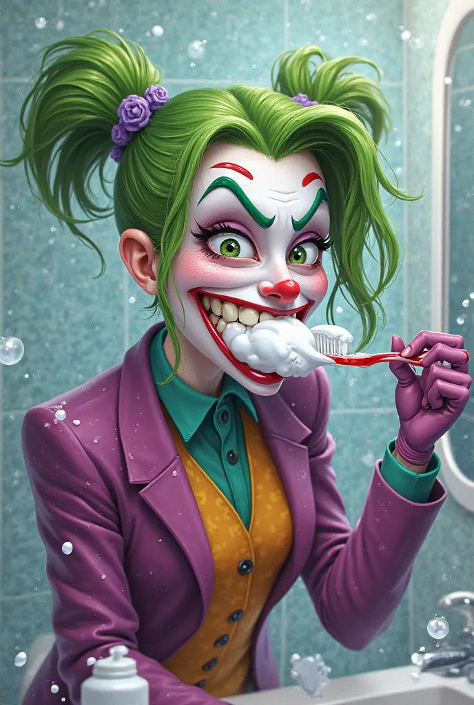 Joker brushing her yellow teeth, With a mouth full of toothpaste foams 