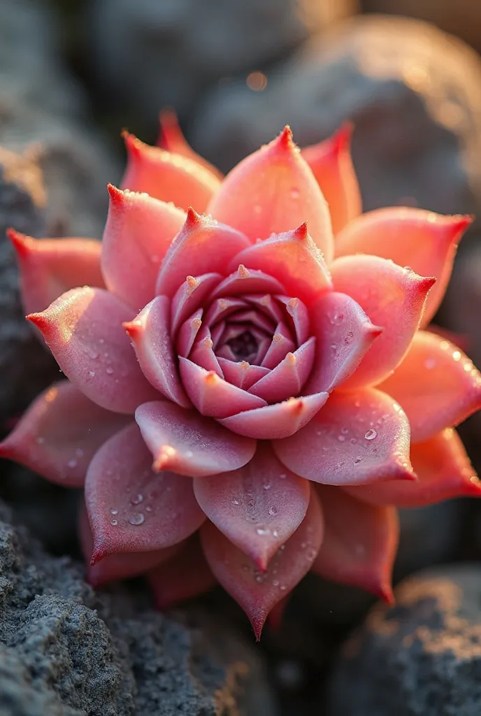 A macro shot of a pink succulent flower, showcasing its intricate details, with sunlight reflecting off its glossy petals, against a rocky surface. Ultra HD 8K.