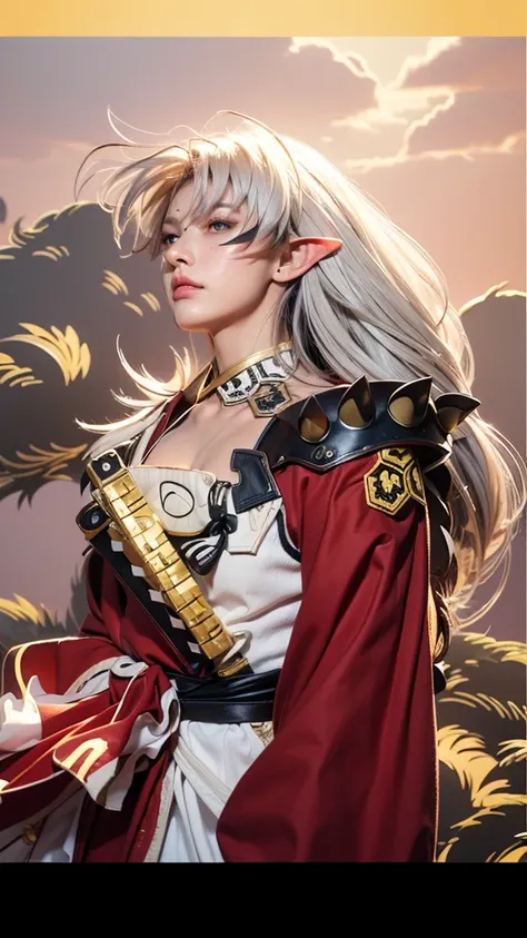 A highly detailed, realistic, and cinematic portrait of a regal warrior man with long silver hair flowing in the wind. He has sharp, elven-like ears, golden piercing eyes, and striking red markings on his face. He wears an elegant white and black samurai-i...