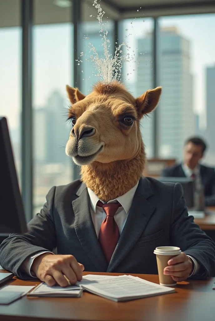 The office camel — the new journey of labor — the same camel, which once begged on the roadside, is now working in a modern office. He is wearing a clean suit, and he is sitting in front of the computer working on files. He has a fountain on his head, and ...