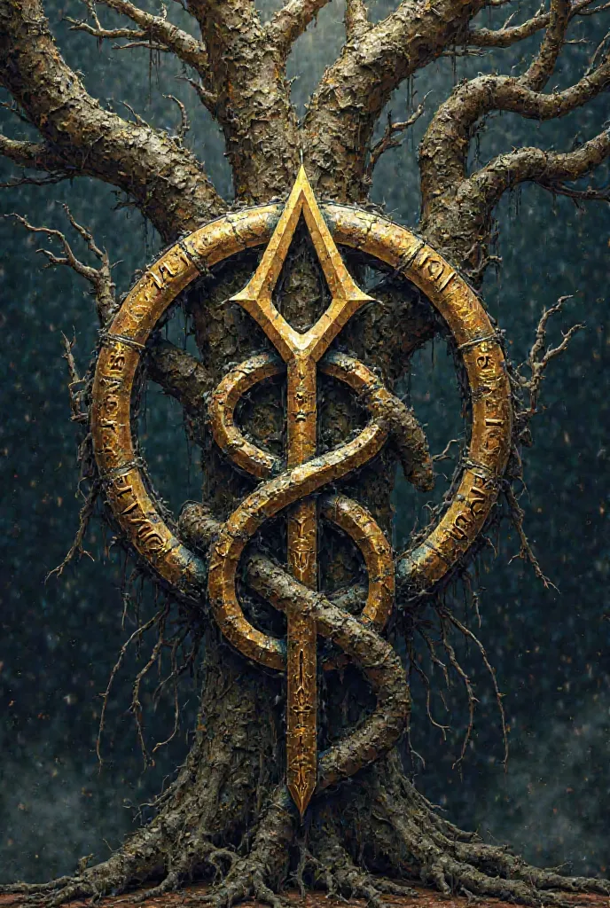 As a monogram with a giant gold yggdrasil that surrounds it a uroboros and on one side of the trunk it says the word RA and on the other side it says YO with a Gothic style metal Hard Core 