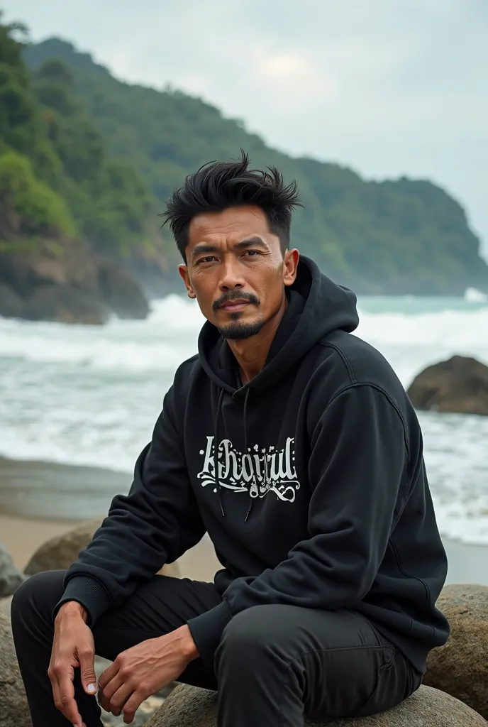 real image, handsome adult man aged 40 years from Indonesia wearing a black hoodie sweater that says "KHAIRUL BONTANG" (very detailed writing), 3/4 cargo pants, sitting on rocks on the edge of the beach, big waves and lots of trees (bright image and perfec...