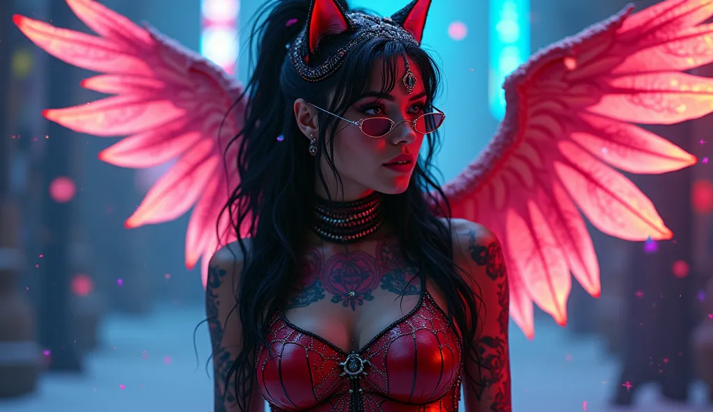 Cleopatra dressed as Spiderman, hipster, in the tattoo , full length, cat, cyberpunk 2077, лицо in the tattoo ,  cybernetic,  with wings , in a cyberpunk, Cybergirl , magical beauty, neon, neonовые частицы, хлопья  snow а,  snow , magic,  magical beauty 