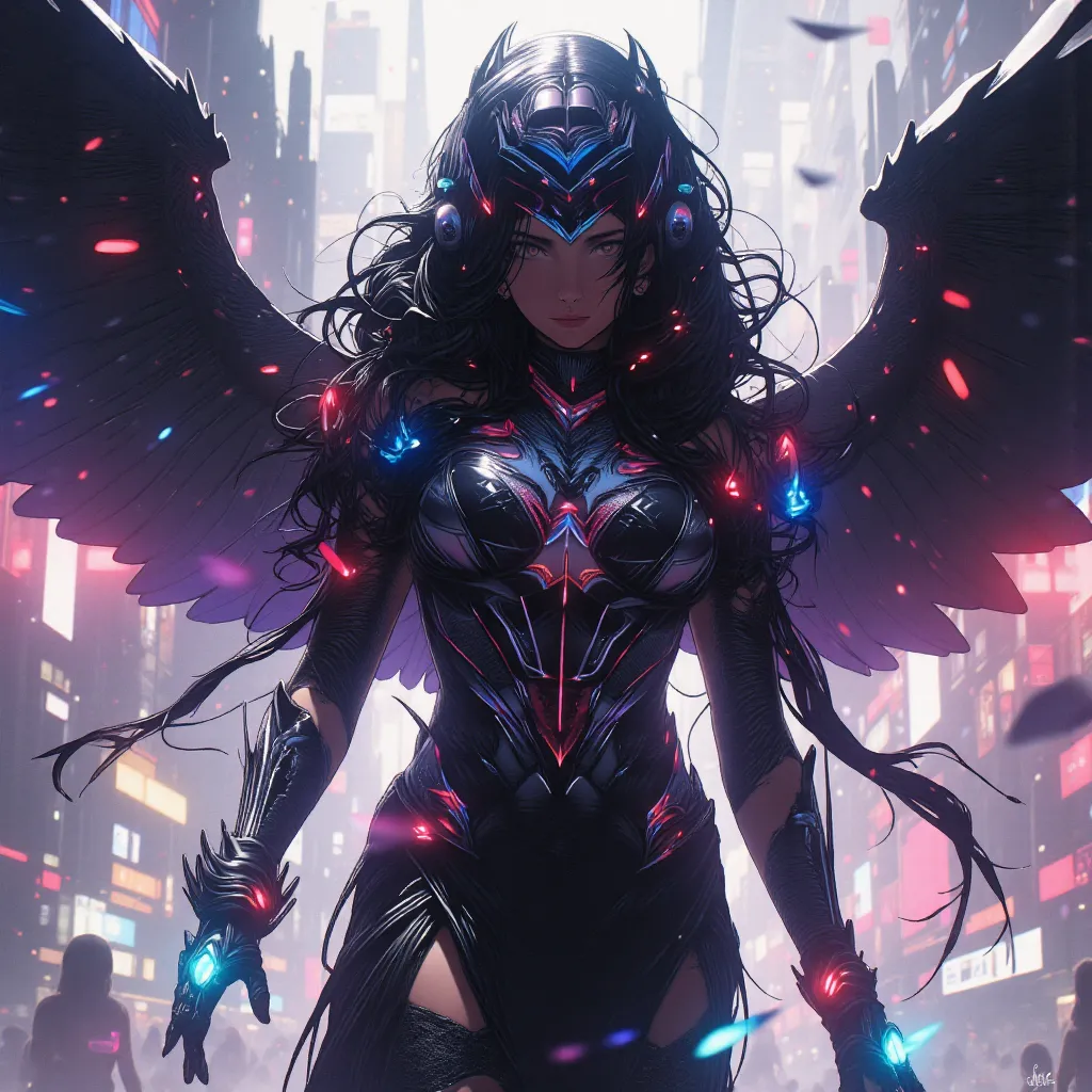 Cleopatra dressed as Spiderman, hipster, in the tattoo , full length, cat, cyberpunk 2077, лицо in the tattoo ,  cybernetic,  with wings , in a cyberpunk, Cybergirl , magical beauty, neon, neonовые частицы, хлопья  snow а,  snow , magic,  magical beauty 