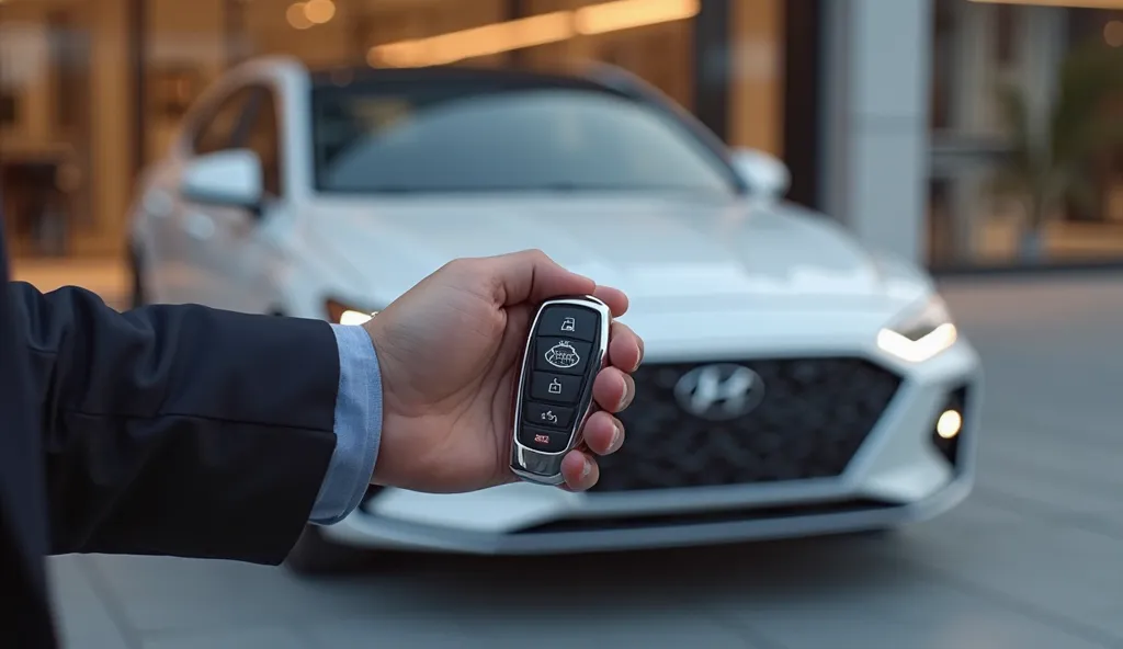 A hyper-realistic render of a man’s hand holding the 2025 Hyundai Sonata 2.0 key fob, standing a few meters away in front of the glossy pure white sedan, parked outside a modern luxurious showroom with a sleek glass façade. The key fob, prominently display...