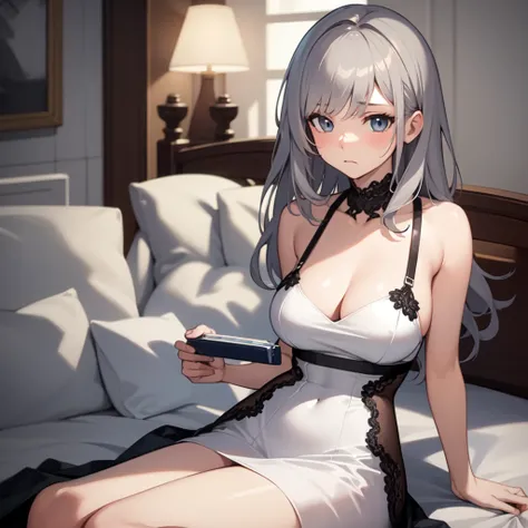 ((best quality)), ((masterpiece)), (detailed), 1  girl, sexy dress,on the bed,role-playing-game,grey hair,sad